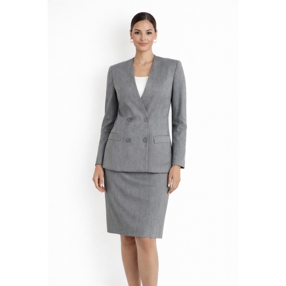 Vintage Gray Double Breasted Skirt Suit Set Large Business Chic
